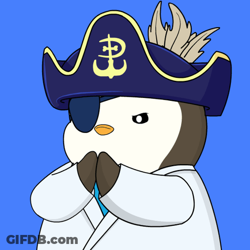 A Cartoon Penguin Wearing A Pirate Hat With An Anchor And Feathers GIF