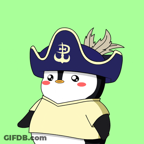 A Cartoon Penguin Wearing A Pirate Hat With Aye Written On It GIF