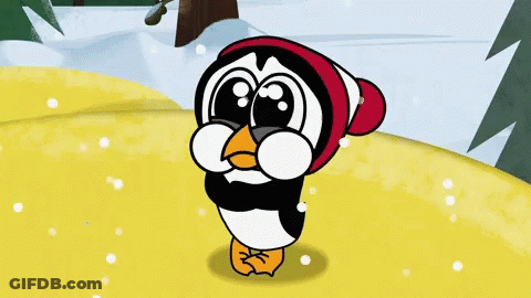 A Cartoon Penguin Wearing A Red And White Hat Is Standing In The Snow GIF
