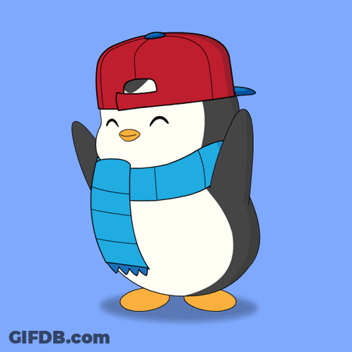 A Cartoon Penguin Wearing A Red Hat And A Blue Scarf GIF