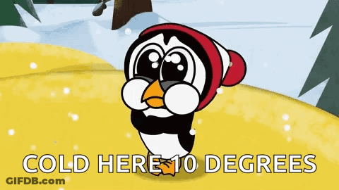 A Cartoon Penguin Wearing A Red Hat And Glasses Is Standing In The Snow And Says `` Cold Here 10 Degrees '' . GIF