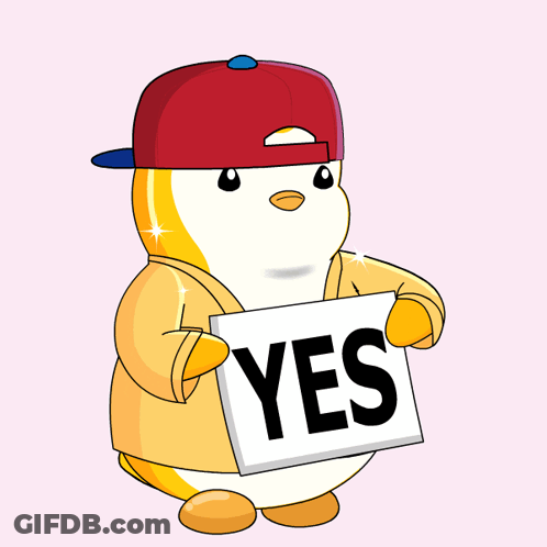 A Cartoon Penguin Wearing A Red Hat Is Holding A Yes Sign GIF