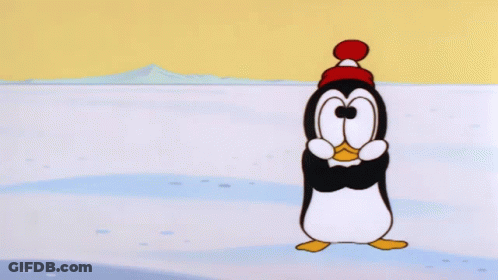 A Cartoon Penguin Wearing A Red Hat Stands In The Snow GIF