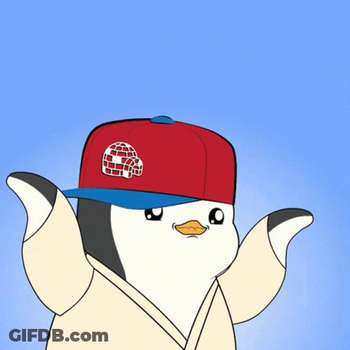 A Cartoon Penguin Wearing A Red Hat With A Brick House On It GIF
