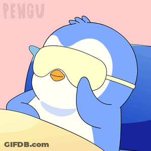 A Cartoon Penguin Wearing A Sleep Mask With The Word Pengu Behind It GIF