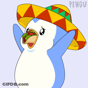 A Cartoon Penguin Wearing A Sombrero With A Taco In Its Mouth GIF