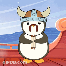 A Cartoon Penguin Wearing A Viking Hat And Holding A Scroll GIF