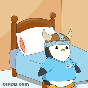 A Cartoon Penguin Wearing A Viking Helmet And Horns GIF
