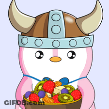 A Cartoon Penguin Wearing A Viking Helmet Holds A Bowl Of Fruit GIF