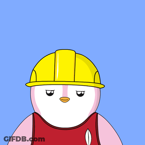A Cartoon Penguin Wearing A Yellow Hard Hat Has Question Marks Above His Head GIF