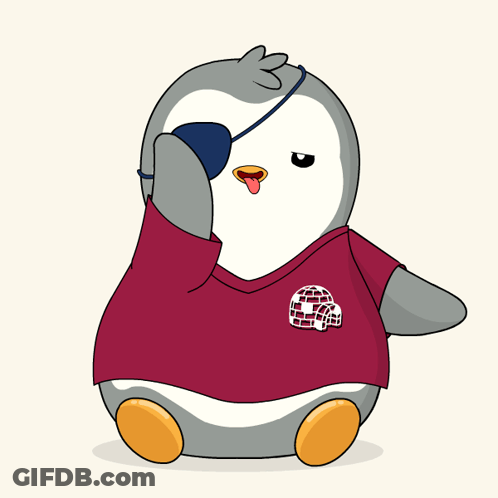 A Cartoon Penguin Wearing An Eye Patch And A Maroon Shirt GIF