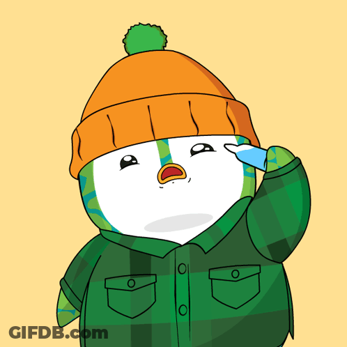 A Cartoon Penguin Wearing An Orange Hat And A Green Plaid Shirt GIF