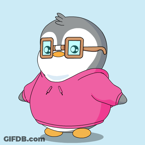A Cartoon Penguin Wearing Glasses And A Pink Sweatshirt GIF