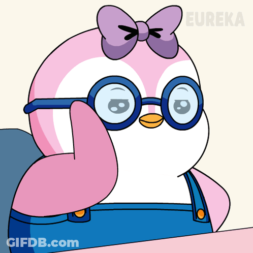 A Cartoon Penguin Wearing Glasses And Overalls With The Word Eureka On The Bottom Right GIF