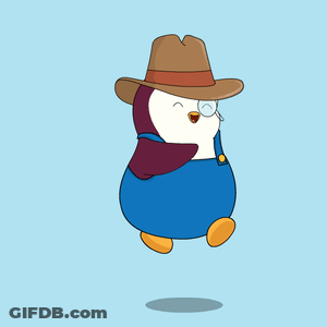 A Cartoon Penguin Wearing Overalls And A Hat Is Holding A Pumpkin GIF