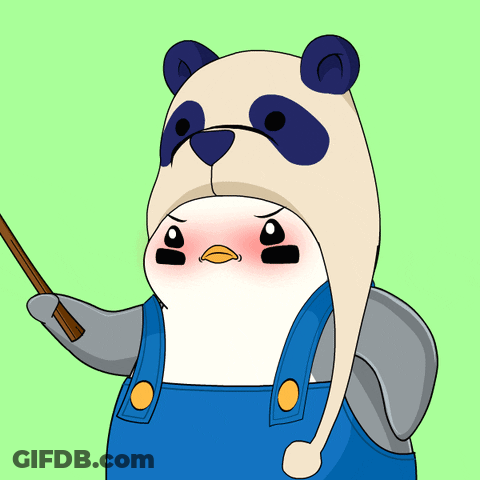 A Cartoon Penguin Wearing Overalls And A Panda Hat Holds A Stick GIF