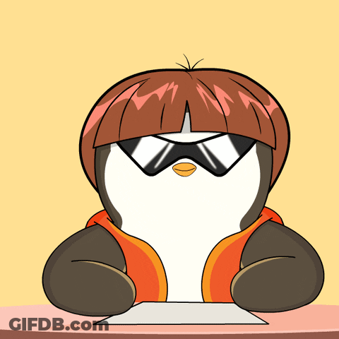 A Cartoon Penguin Wearing Sunglasses And A Hoodie Sits At A Table GIF