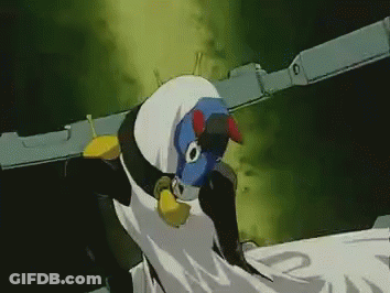 A Cartoon Penguin With A Blue Head And Yellow Wings GIF
