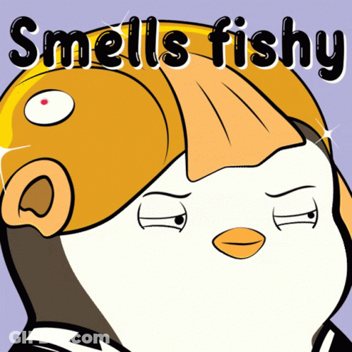 A Cartoon Penguin With A Fish Head And The Words Smells Fishy GIF