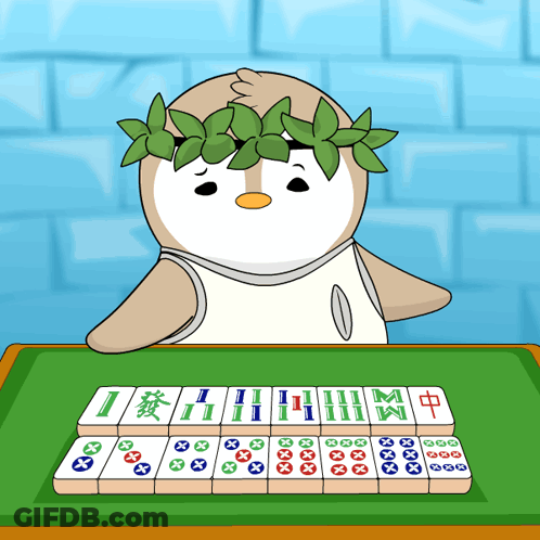 A Cartoon Penguin With A Laurel Wreath On His Head Playing Mahjong GIF