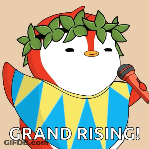 A Cartoon Penguin With A Laurel Wreath On Its Head Is Holding A Microphone And Says " Grand Rising " GIF