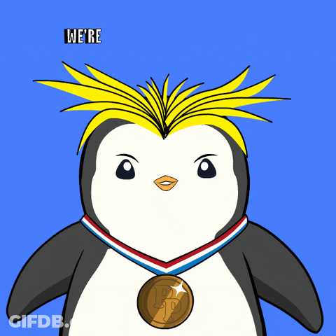 A Cartoon Penguin With A Medal Around His Neck And The Words We 'Re Above Him GIF