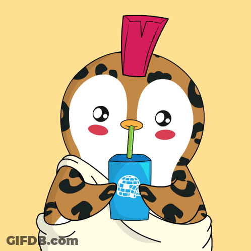 A Cartoon Penguin With A Mohawk Drinking From A Box With A Globe On It GIF