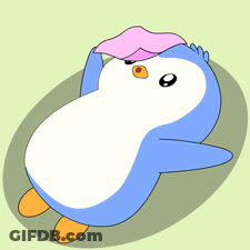 A Cartoon Penguin With A Pink Hat On Its Head GIF