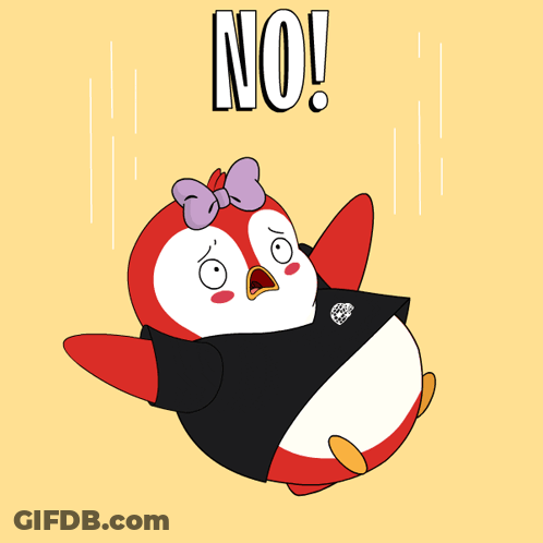 Penguin Cartoon With Purple Bow Saying No GIF
