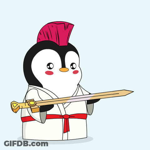 A Cartoon Penguin With A Red Mohawk Holding A Sword GIF