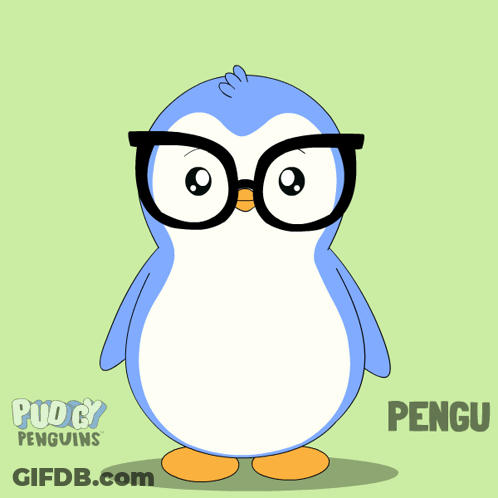 A Cartoon Penguin With Glasses And The Name Pengu On The Bottom GIF