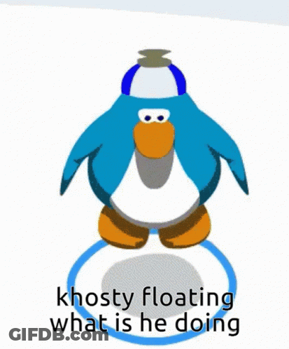 A Cartoon Penguin With The Words Khosty Floating What Is He Doing Written Below It GIF