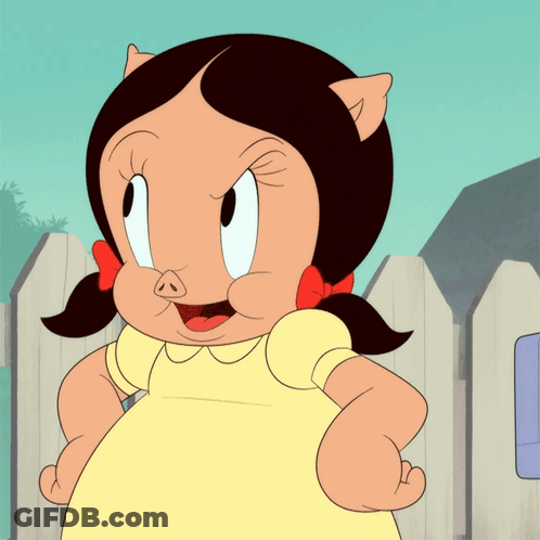 A Cartoon Pig Girl In A Yellow Dress Is Standing In Front Of A Wooden Fence GIF