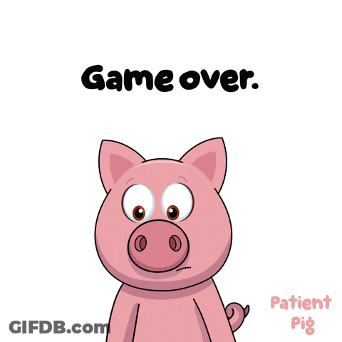 A Cartoon Pig Holding A Microphone With The Words Game Over Written Above It GIF