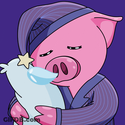A Cartoon Pig In A Striped Robe Is Hugging A Pillow GIF