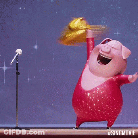 A Cartoon Pig Is Dancing In Front Of A Microphone With The Hashtag #Singmovie On The Bottom GIF