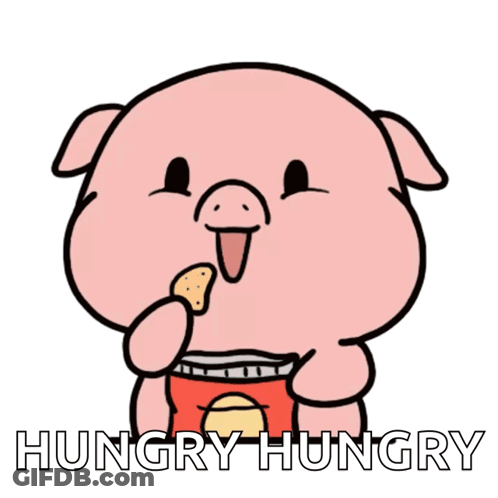 A Cartoon Pig Is Holding A Bag Of Chips And The Words Hungry Hungry Below It GIF