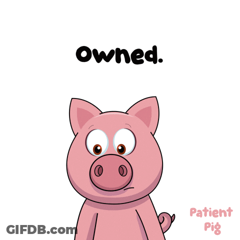 A Cartoon Pig Is Holding A Microphone And Says " Owned " Above It GIF