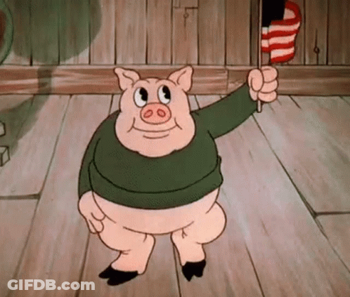 A Cartoon Pig Is Holding An American Flag In His Hand While Standing On A Wooden Floor . GIF