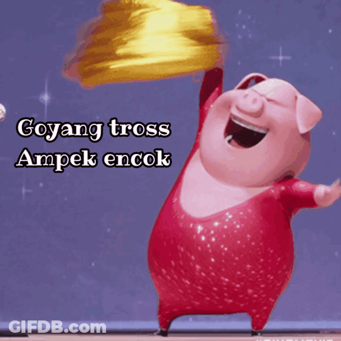 A Cartoon Pig Is Holding Up A Yellow Object With The Words Goyang Tross Ampek Encok Written Below It GIF