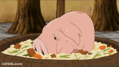 A Cartoon Pig Is Laying In A Barrel Of Rice And Carrots GIF