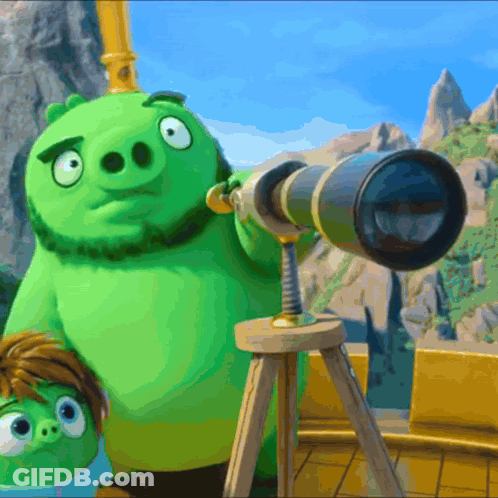 A Cartoon Pig Is Looking Through A Telescope While Another Pig Looks On GIF