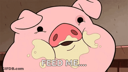 A Cartoon Pig Is Saying Feed Me While Eating Something GIF
