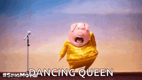 A Cartoon Pig Is Singing Into A Microphone While Wearing A Yellow Jacket And Dancing . GIF