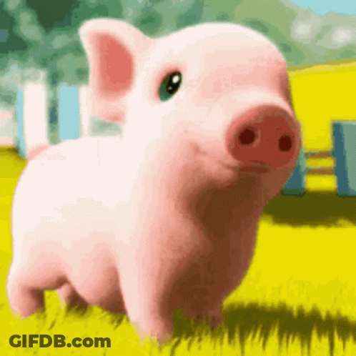 A Cartoon Pig Is Standing In A Grassy Field . GIF