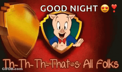 A Cartoon Pig Is Standing In Front Of A Gold Shield And Says `` Good Night '' . GIF