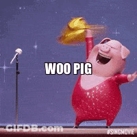 A Cartoon Pig Is Standing In Front Of A Microphone And Holding A Yellow Flag . GIF