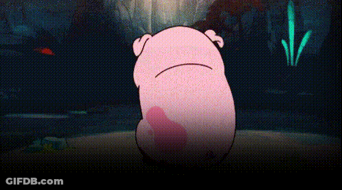 A Cartoon Pig Is Standing In Front Of A Waterfall And Looking At The Camera . GIF