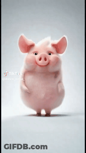 A Cartoon Pig Is Standing On A White Surface And Smiling . GIF