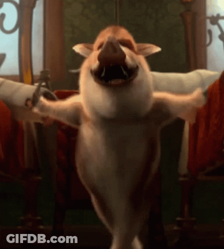 A Cartoon Pig Is Standing On Its Hind Legs And Holding A Sword In Its Mouth . GIF